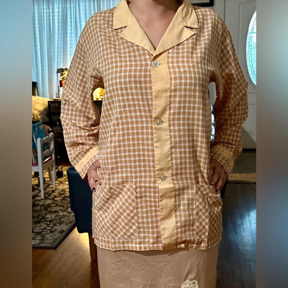 Plaid Button-Up Shirt in Tan and Cream